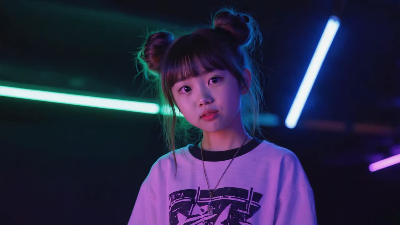 Portrait of a young girl in neon lights