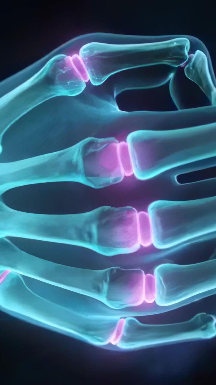Vertical video: Pulsing pink rings making cyan hand bones flexing and curling on dark set for study
