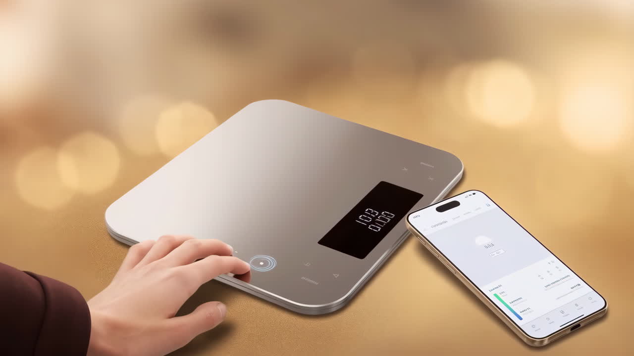 A person interacting with a smart digital kitchen scale connected to a smartphone app