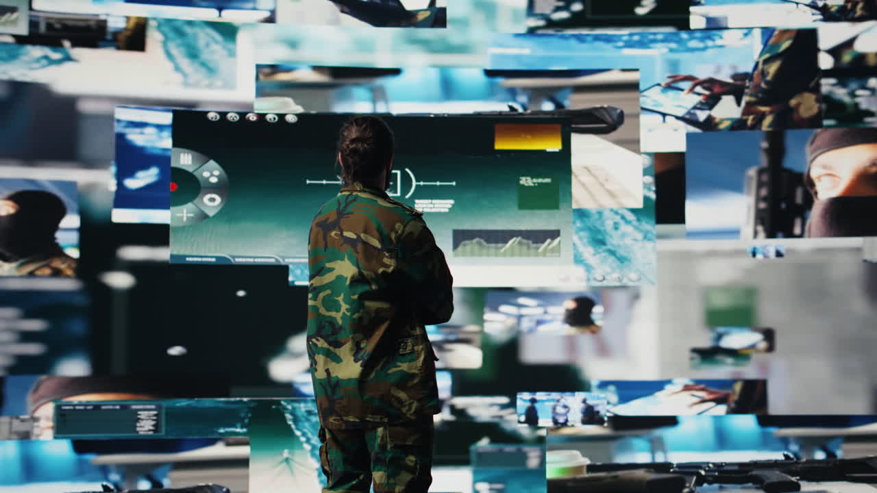 Military personnel monitoring drone and satellite imagery to gather data