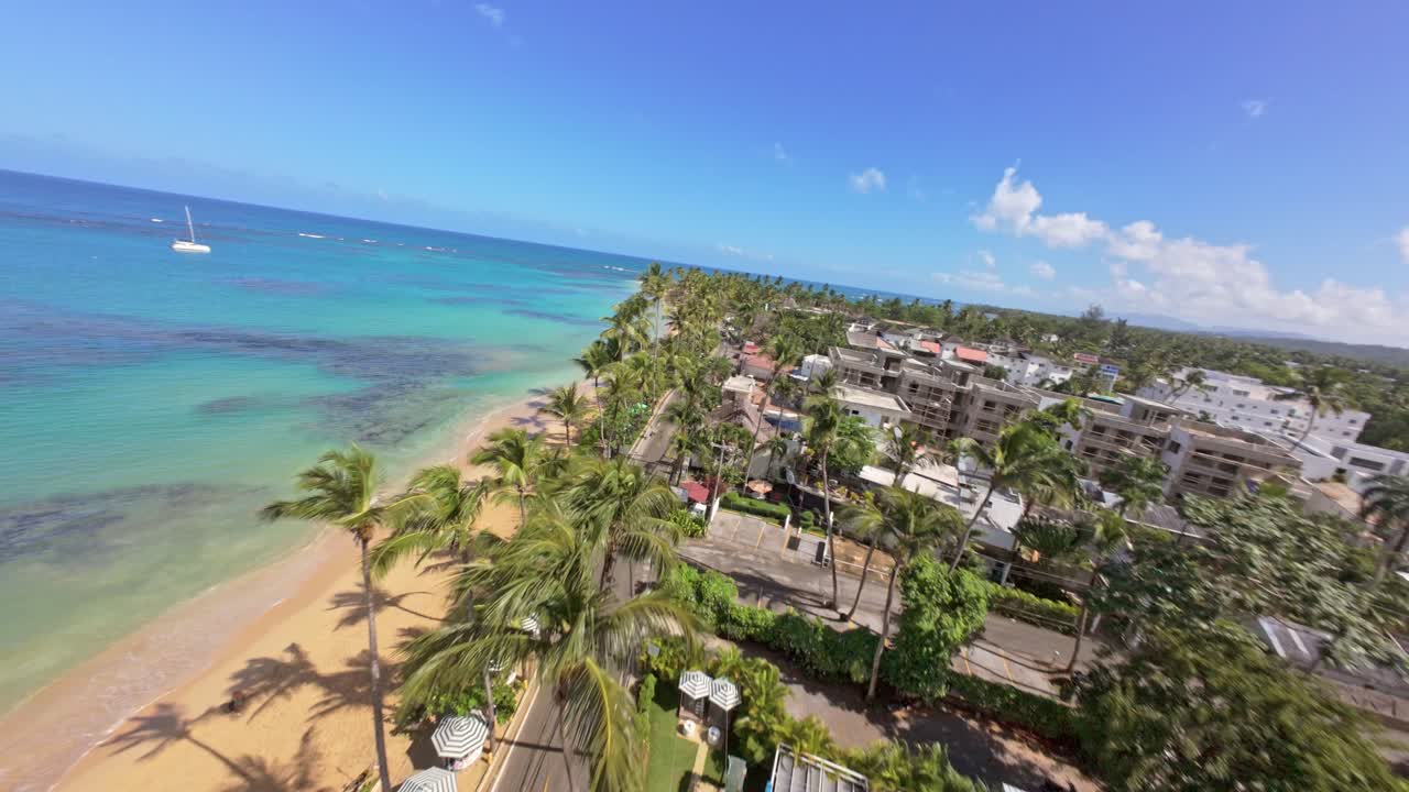 FPV flight at Punta Popy Beach, Las Terrenas: Coconut trees, golden sand, and turquoise waters