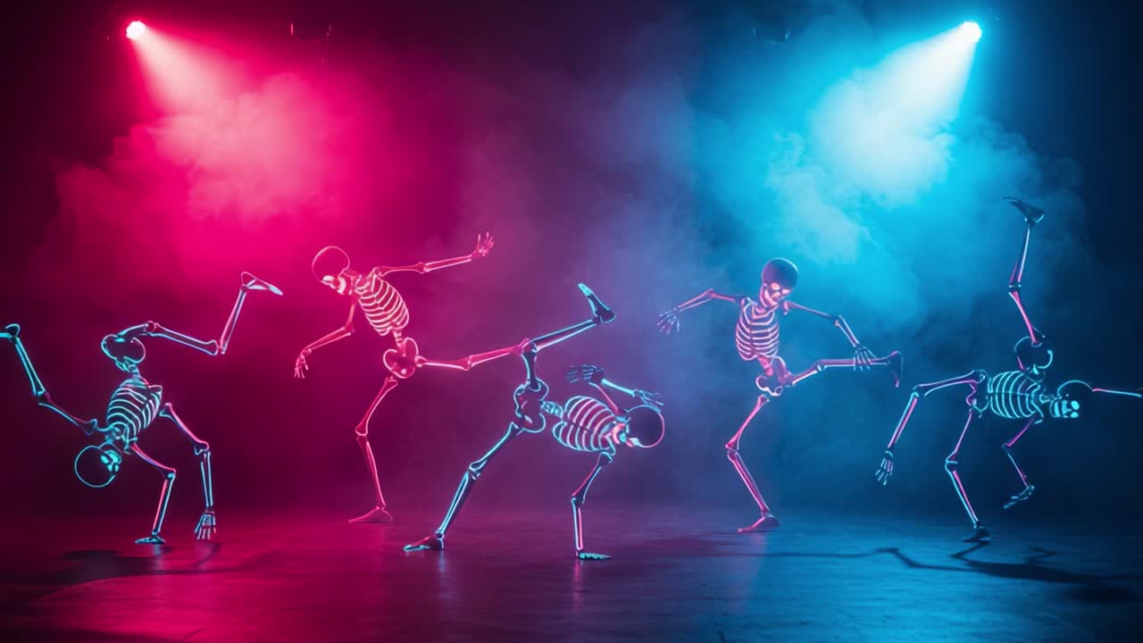 A Dynamic Dance Performance Featuring Neon Skeletons in a Colorful Foggy Environment with Vibrant Light Effects and Energetic Movements Captured in Sequential Frames