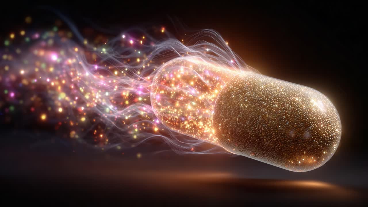 A Glimmering Capsule Transmitting Vivid Particles: An Exploration of Imagination Blending Science and Fantasy, Showcasing the Wonders of Nanotechnology and Health Innovations