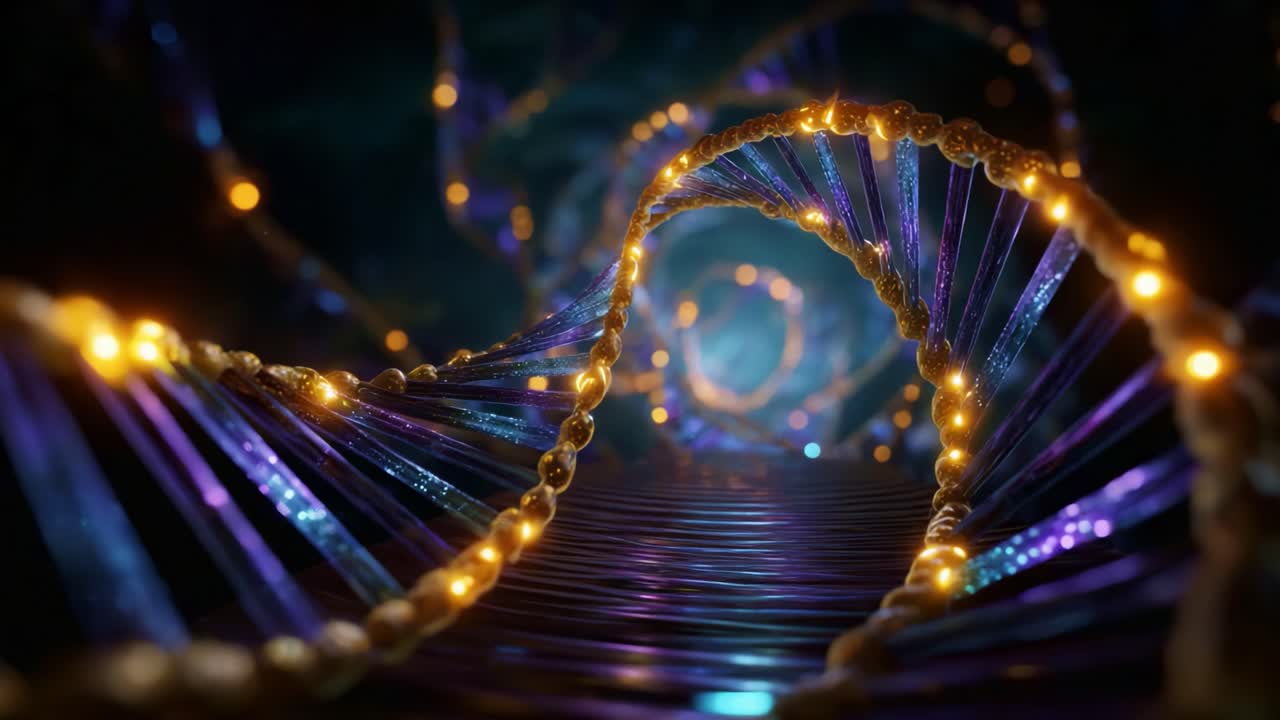 Alla scoperta della complessa struttura della doppia elica del DNA: un viaggio attraverso il materiale genetico rappresentato con colori vivaci e profondità dinamica