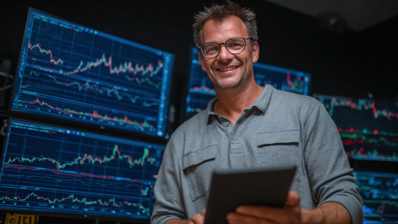 A confident financial analyst displays success in a modern trading environment, surrounded by screens showcasing intricate stock market data and charts, reflecting a vibrant market atmosphere