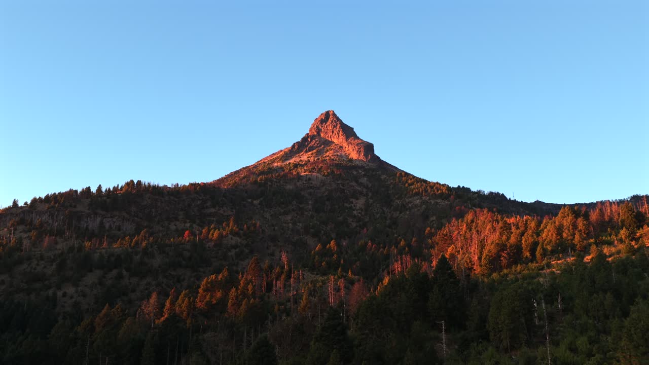Il Nevado de Colima (Zapotépetl) che si erge sopra una fitta pineta, illuminato dalla calda luce dell'ora d'oro a Jalisco, Messico.
