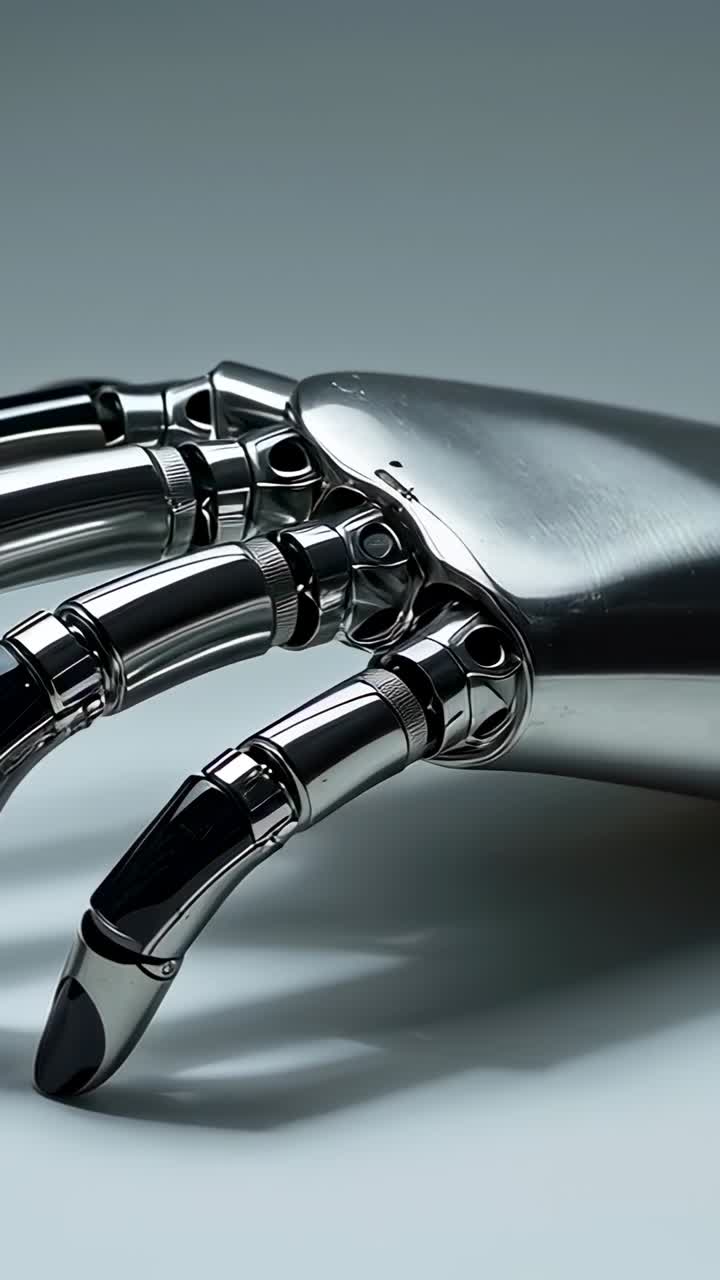 Vertical video: Showing chrome robot hand on cue extending index finger on tabletop, showing joints