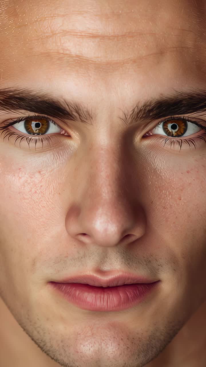 Vertical video: Blinking man shifting gaze and turning head against neutral backdrop, soft lighting