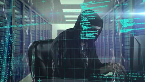 Animation of interface with data and information with hooded hacker using computer