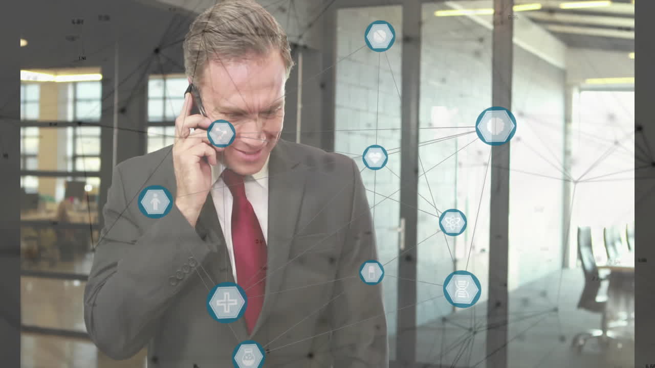 Talking on phone, businessman with network connections animation in office background