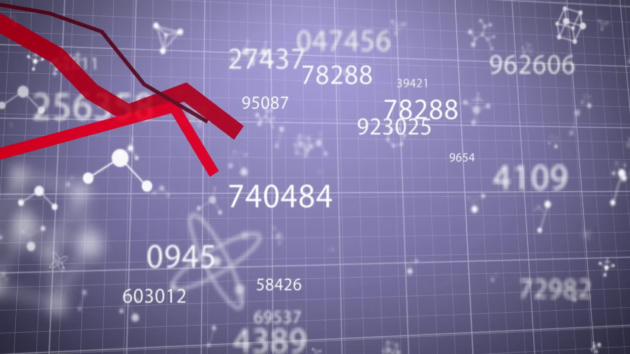 통계 데이터 처리의 애니메이션, 변하는 숫자, 보라색 배경에 분자 구조