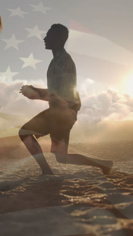 animation of flag of united states of america over biracial man proposing to his girlfriend on beach