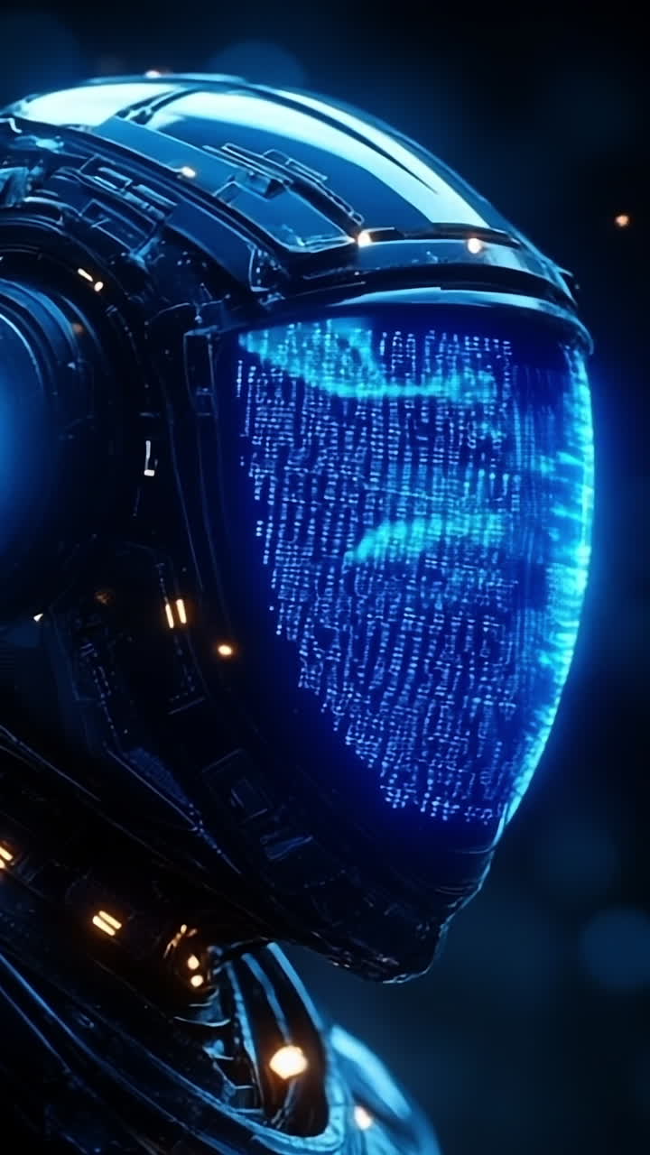 Glowing robot in dark setting. A futuristic robot with a glowing blue visor stands against a dark, abstract background of light particles.