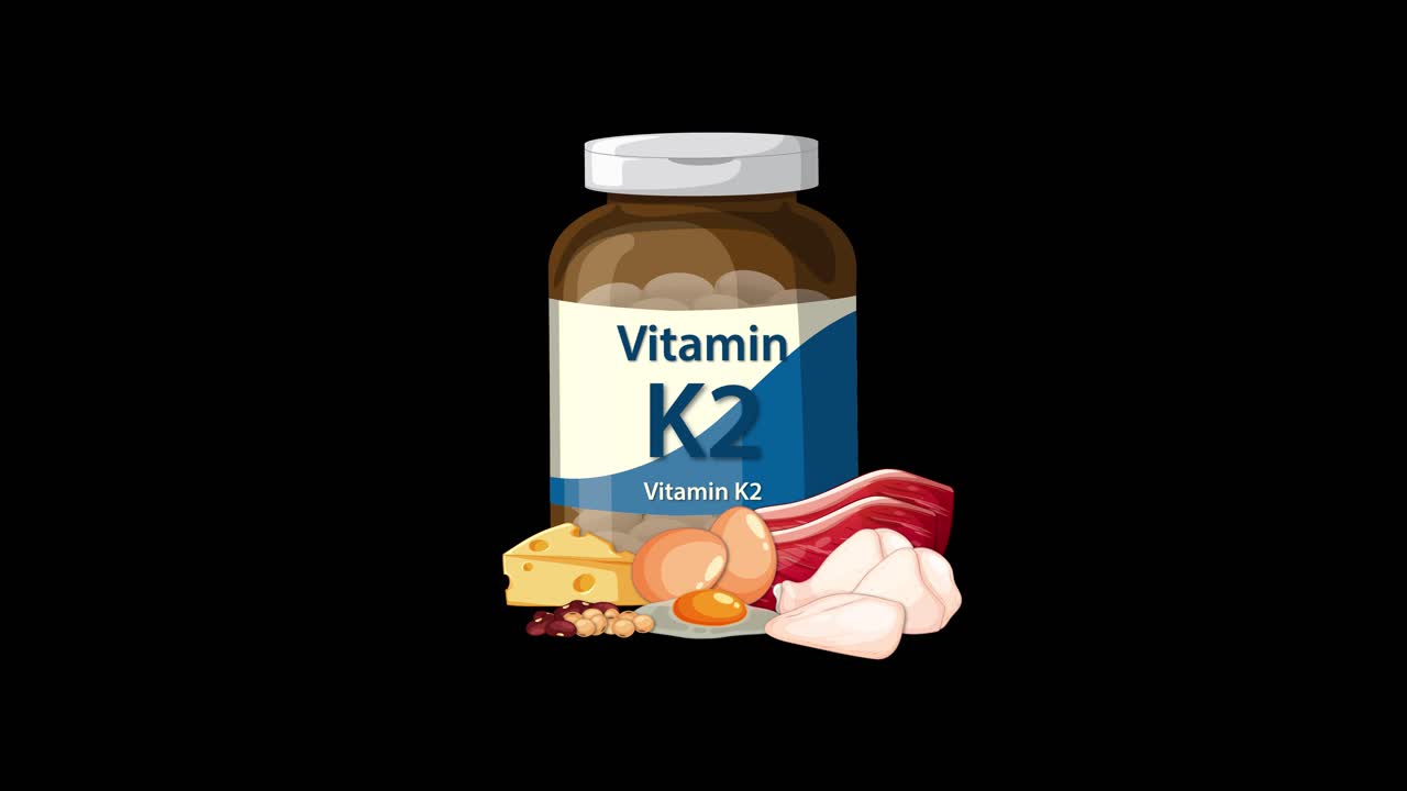 Vitamin K2 bottle with cheese, egg, meat, and garlic on black background, smooth transitions