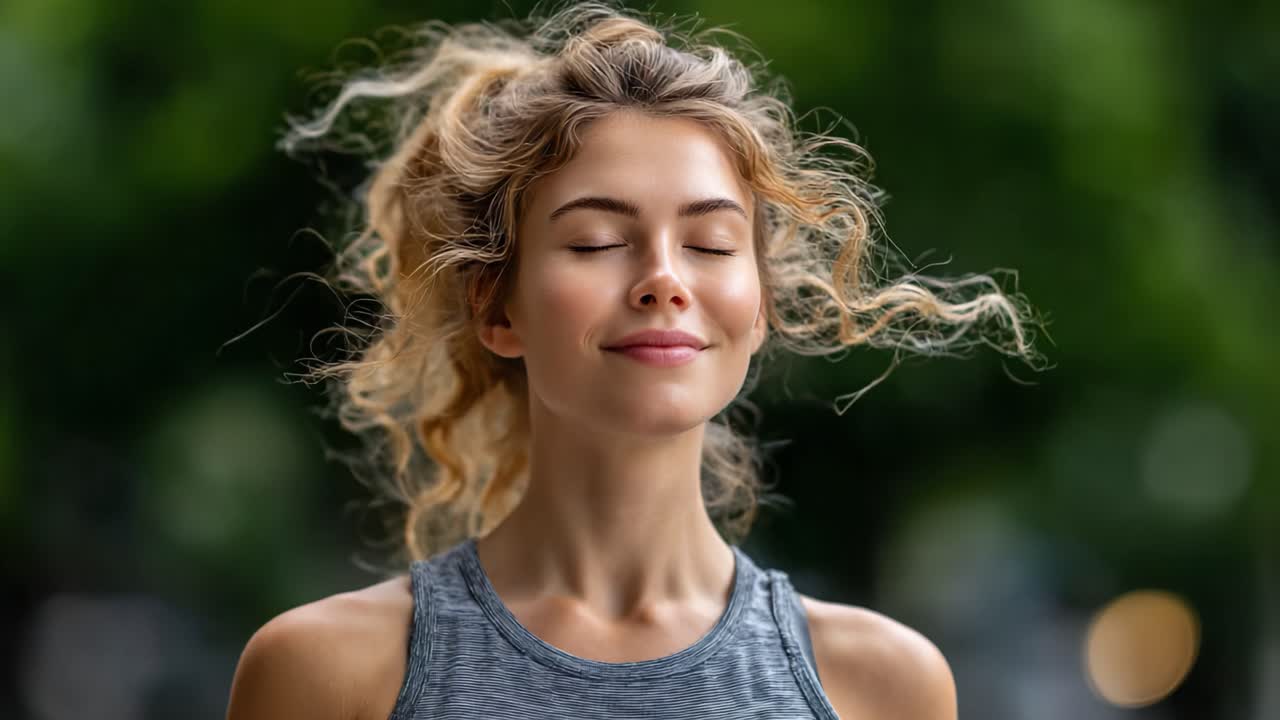 Captivating Moments of Serenity: A Young Woman Embracing Calmness Amidst Nature's Beauty with Eyes Closed and a Smile