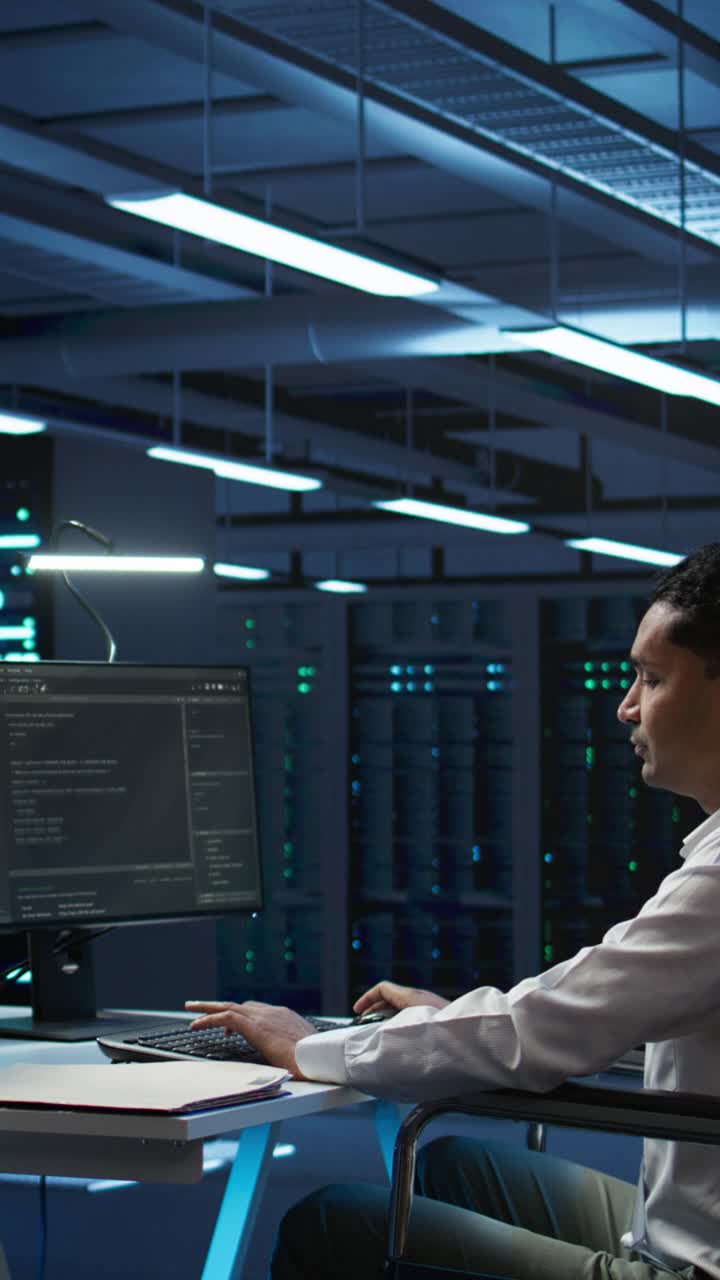 Uomo in sedia a rotelle e donna che lavorano in una server room
