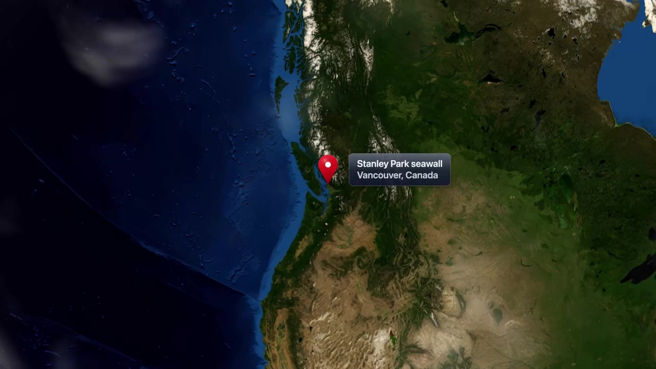 Satellite zoom animation traveling from outer space to Stanley Park Seawall in Vancouver, Canada. Includes NASA public domain imagery.