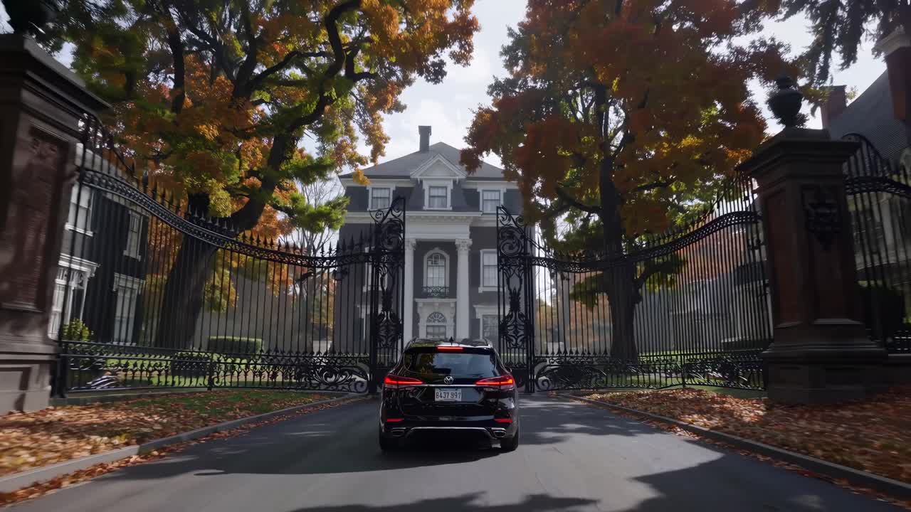 A video captures a rear view of a car driving through a tree-lined suburban street in autumn, shot