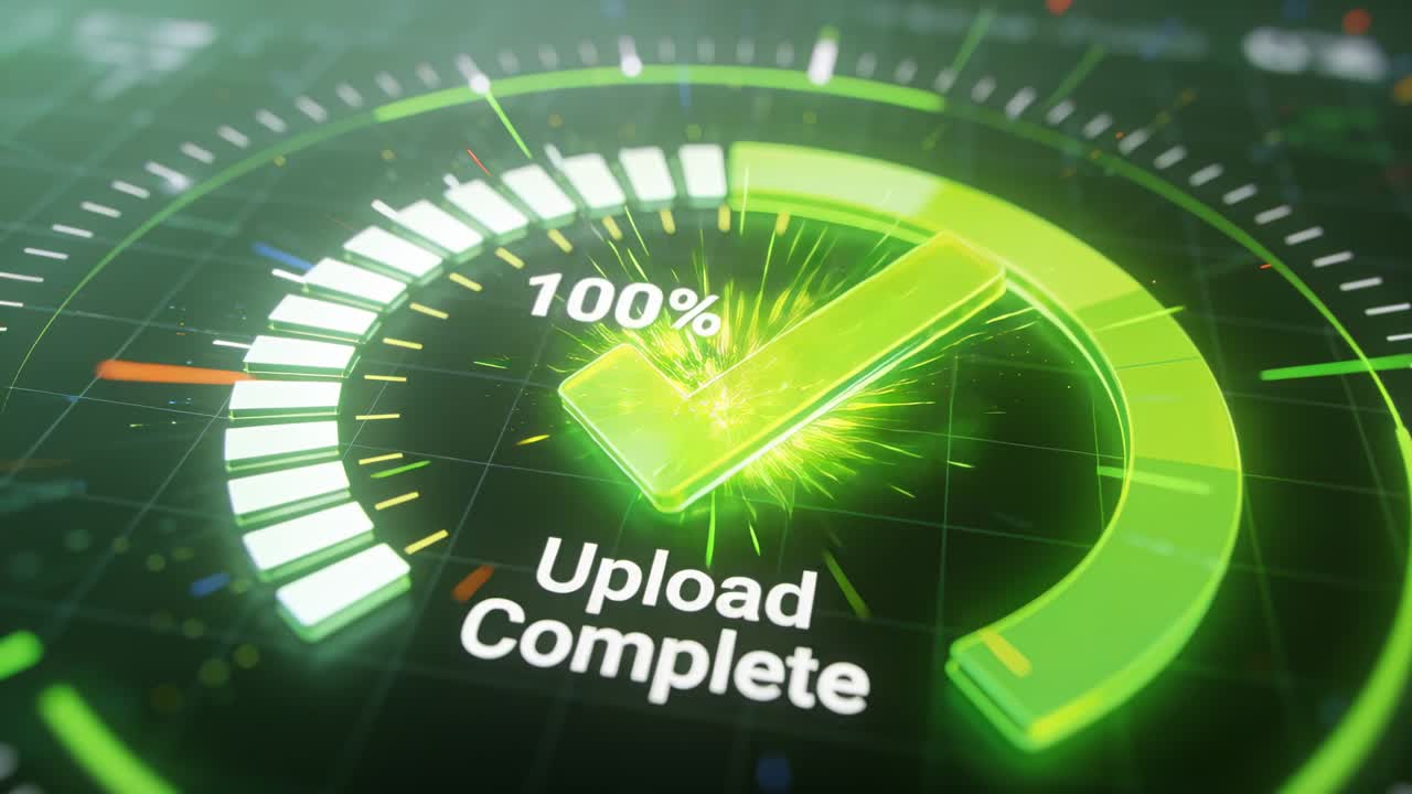 Vertical video: Animating progress gauge on grid, upload reaching 100%, with green check and sparks