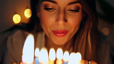 woman blowing out candles on a birthday cake