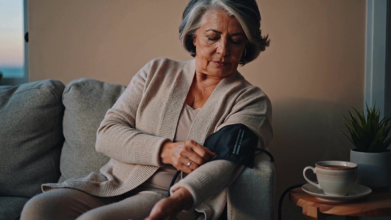 Una donna anziana in cardigan beige solleva la manica e allaccia il bracciale per la pressione sanguigna sul braccio sinistro, seduta sul divano.