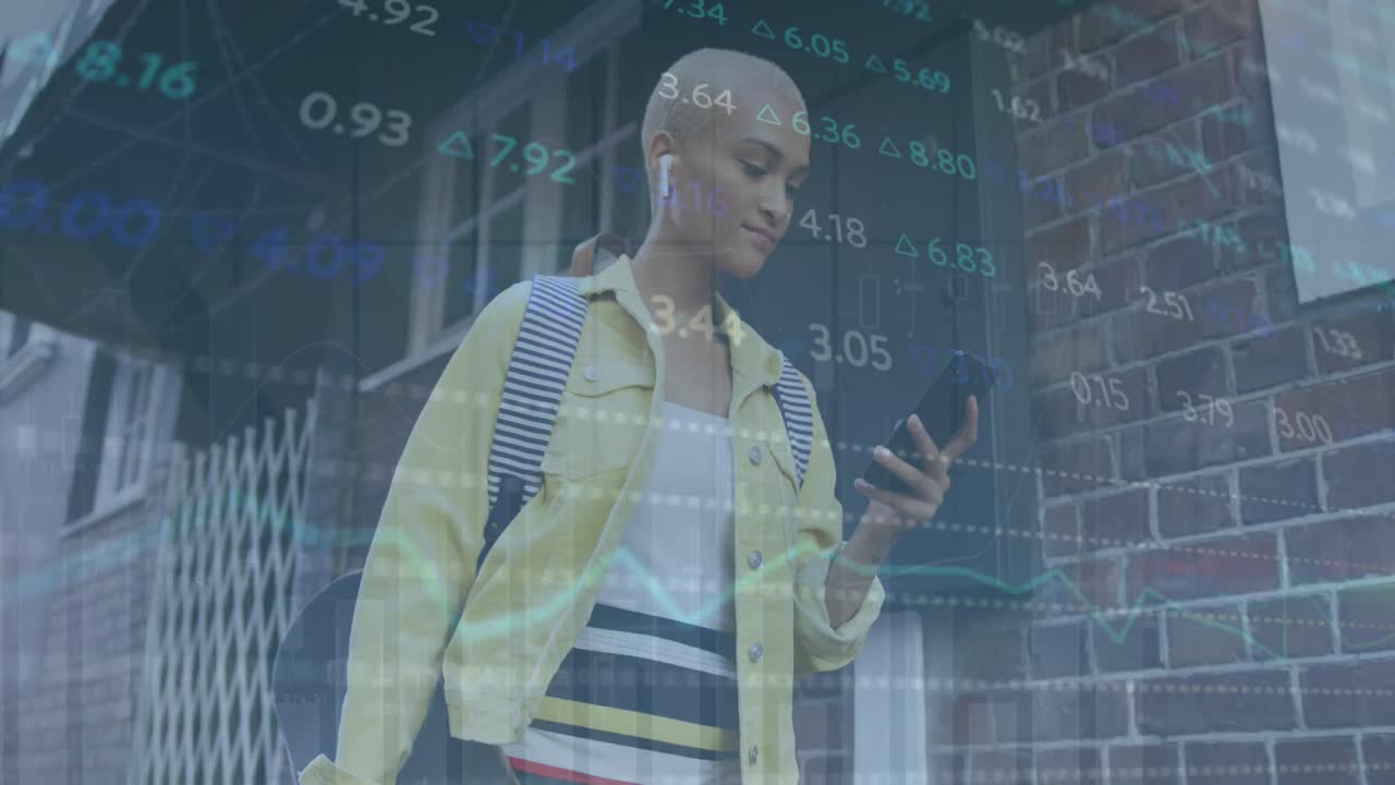 animazione di grafici, tavolo di scambio, donna bi-razziale calva che ascolta musica e scorre sul telefono