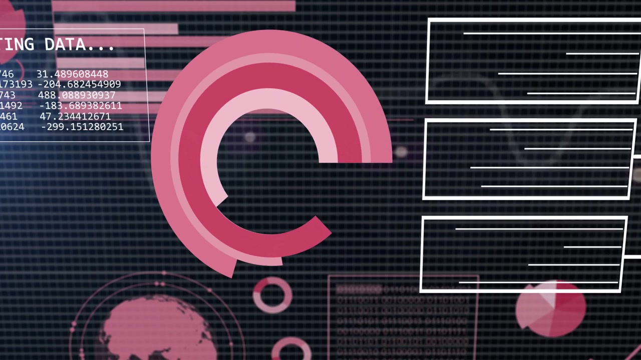 Grafici di dati che emergono da destra e dal basso, allineandosi e formando un HUD analitico per l'analisi dei dati