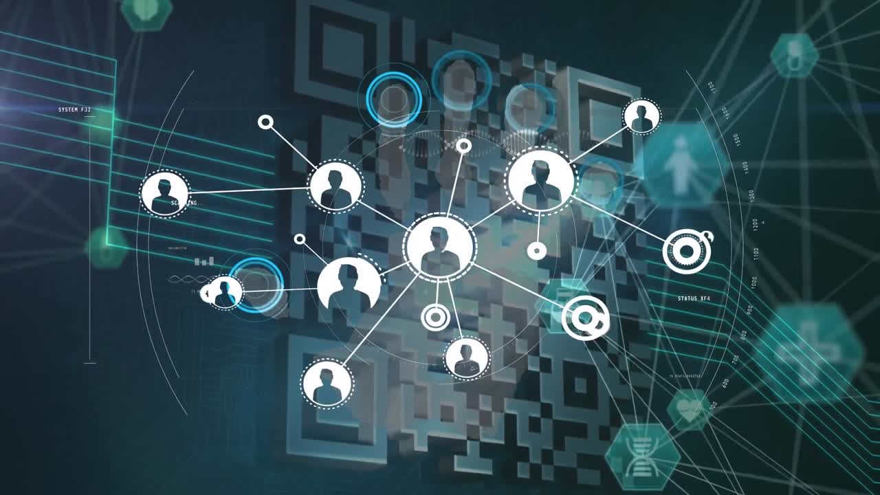 animación de la red de conexiones con iconos de usuario sobre código qr en espacio azul oscuro