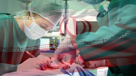 animation of flag of iran waving over surgeons in operating theatre