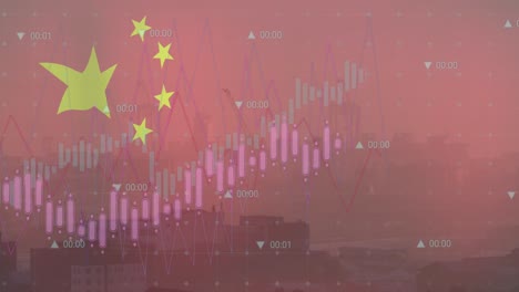 animation of flag of china and data processing over cityscape