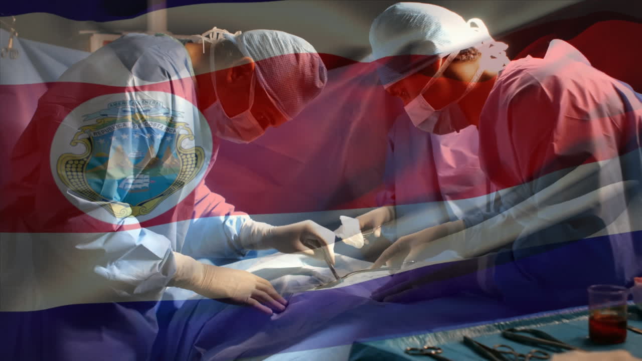 수술실 에 있는 외과 의사 들 위 에 흔들리는 코스타리카 의  ⁇ 발 의 애니메이션