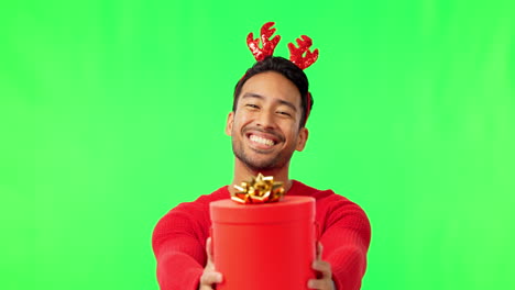 Christmas-giving,-man-and-portrait-on-green-screen