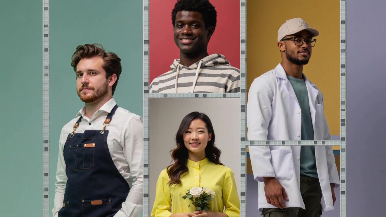 Verschuivende panelen onthullen hoofden in studio, modellen met bloemen, in schort en labjas voor advertentie