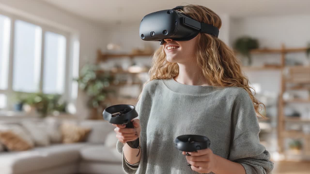 Immergersi nella realtà virtuale: un'esperienza piacevole con visore VR e controller avanzati in un ambiente domestico confortevole