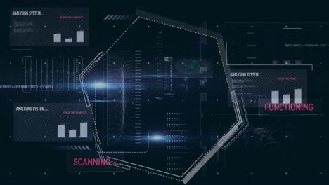 Animation-of-hexagons-over-graphs,-texts,-loading-bars-and-computer-language-on-black-background