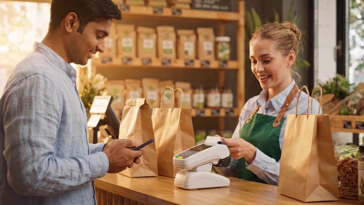 Customer and cashier engage in mobile payment using a QR code at a cozy shop, showcasing modern transaction methods and excellent service in a friendly environment.