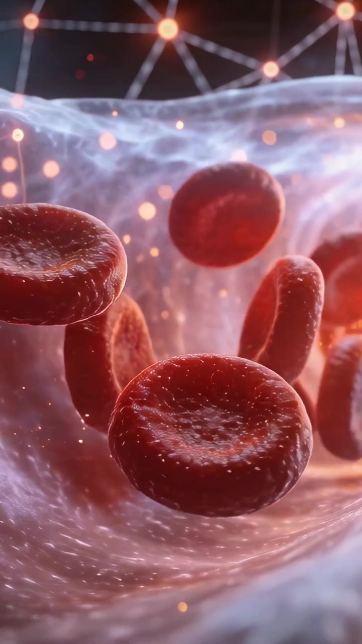 Vertical video: Zooming view showing red cells flowing past vessel wall with glowing lattice