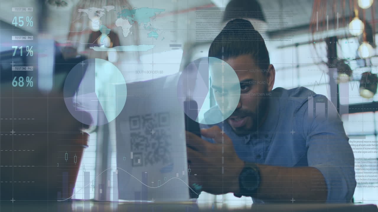 Animation of financial data processing over biracial businessman using smartphone
