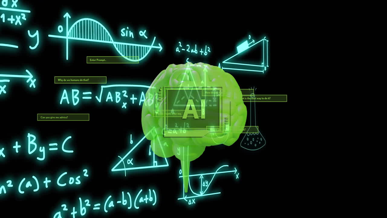 Mathematical equations and graphs over green brain animation, representing artificial intelligence