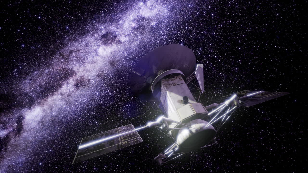 Magellan spacecraft exploring the depths of outer space near a galaxy