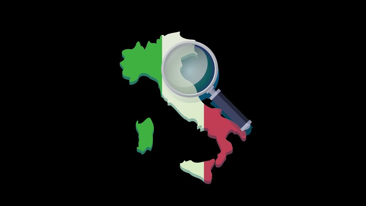 Loop search with magnifying glass on the map of Italy with the flag with alpha channel (flat design)