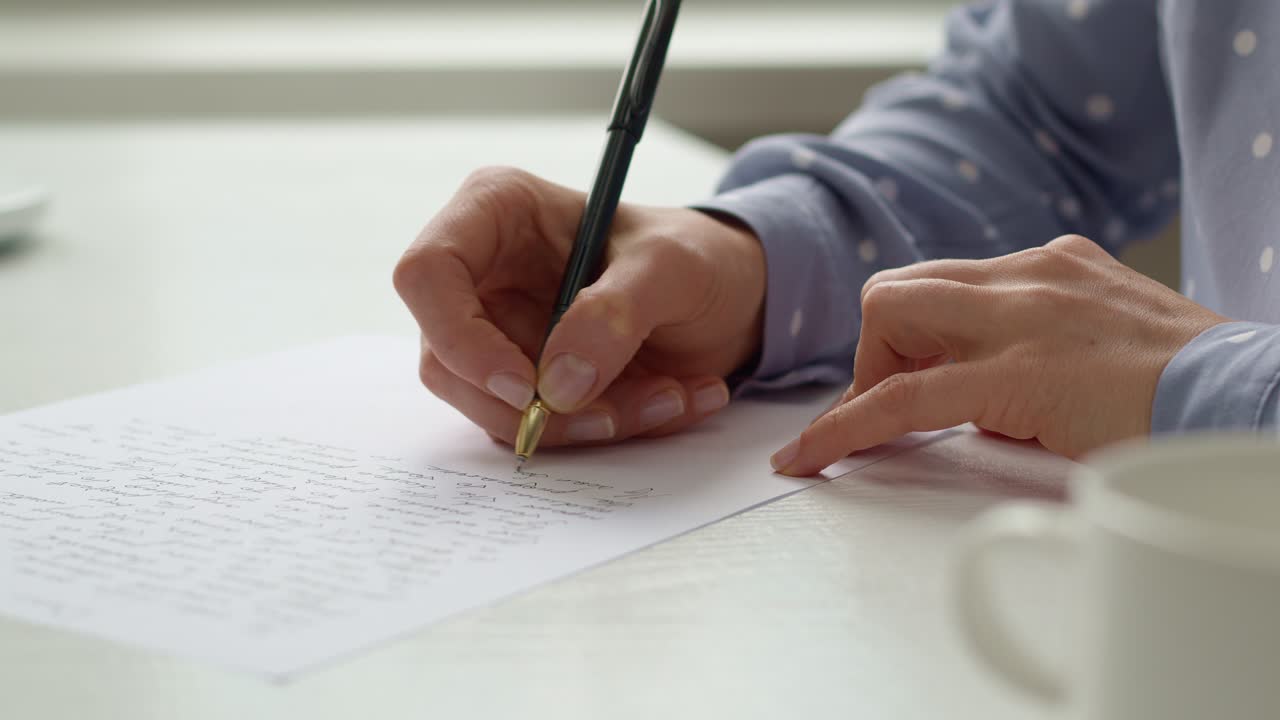 手紙とペンで手をテーブルに置く