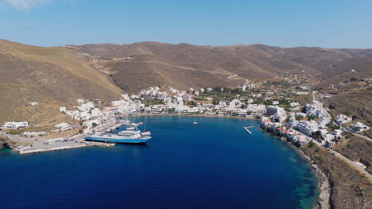 Merichas seaside village and main port of Kythnos island, Cyclades, Drone shot