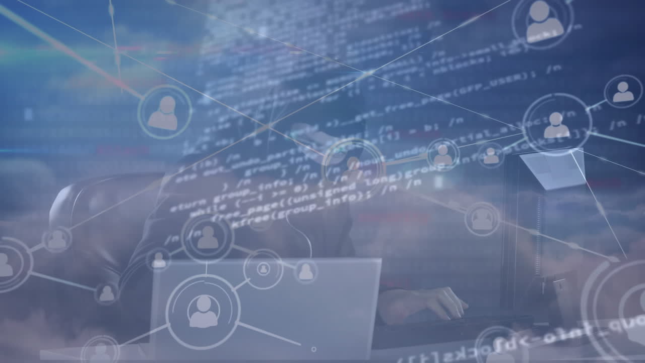 해커와 데이터 처리와의 연결 네트워크의 애니메이션