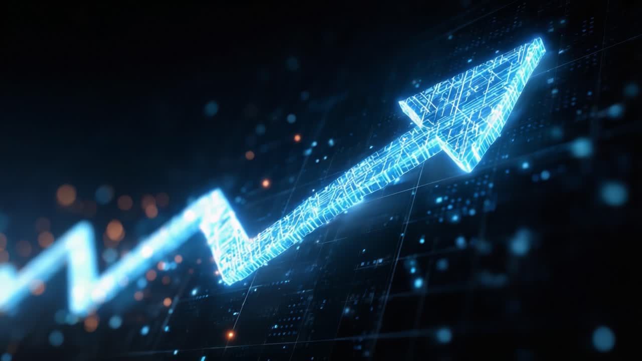 A Futuristic Digital Arrow Representing Growth and Progress in Data Visualization with Bright Circuit Patterns and Dynamic Background Elements