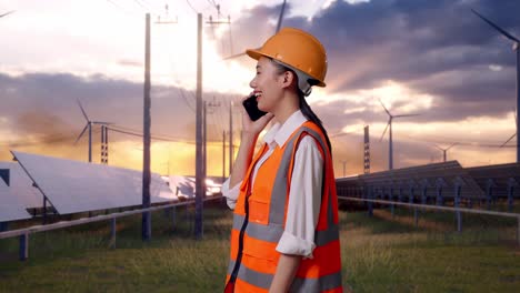 side view of asian female engineer with safety helmet talking on smartphone with solar panel and wind turbines
