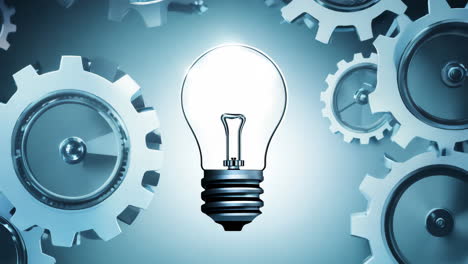 A light bulb is shown in front of a bunch of gears. The light bulb is lit up and the gears are all different sizes. Concept of innovation and progress