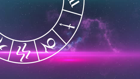 animación de la rueda del horóscopo girando sobre las estrellas en fondo azul a púrpura