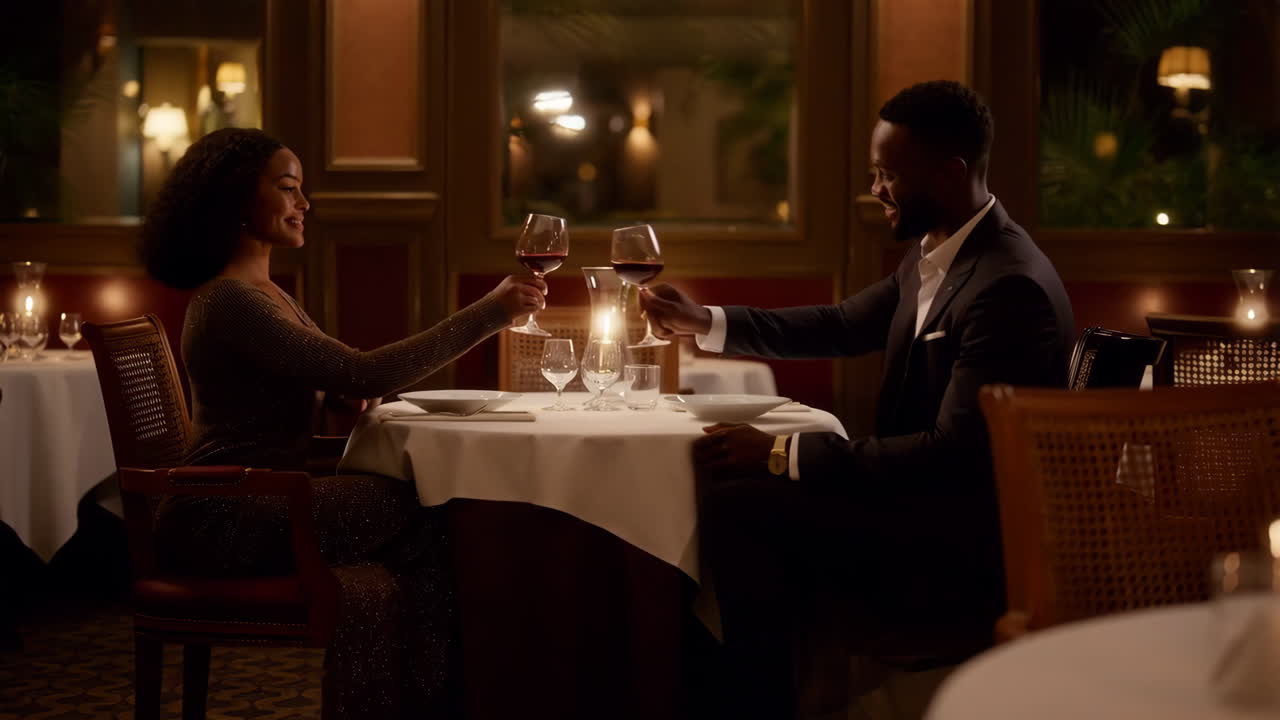 Coppia che brinda con vino durante una cena romantica