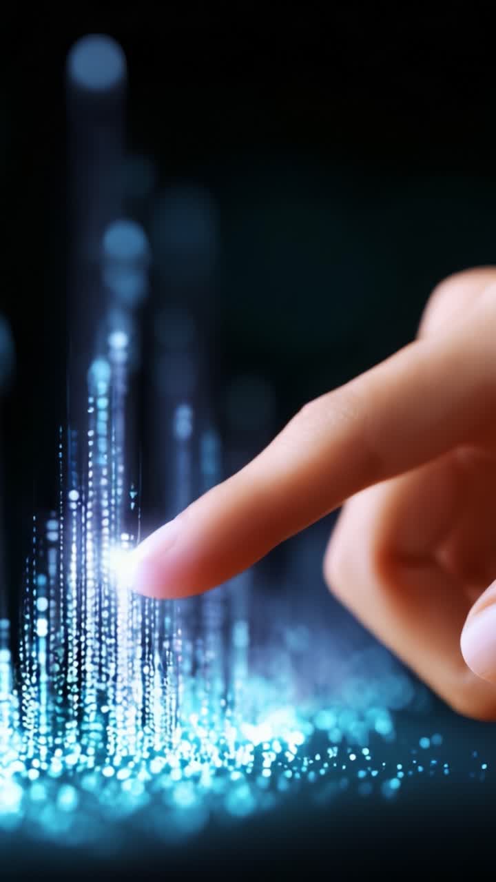 A Hand Approaching a Vibrant Data Visualization Display with Glowing Particles Highlighting a Technology Concept in the Digital Realm of Data Interactions
